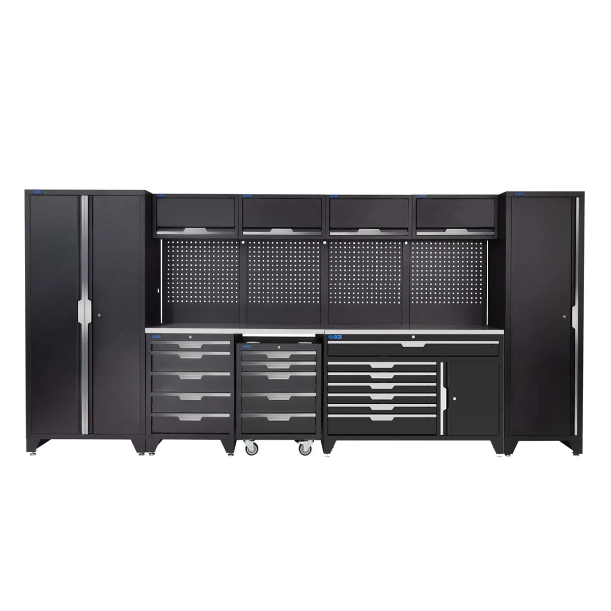 SGS 14pc Modular Garage Storage | 17 Drawers | Stainless Steel Worktop | Mobile Cabinet | Tall Single & Double Cabinets